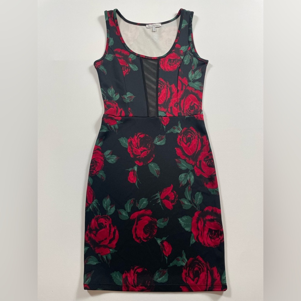 Charlotte Russe Rose Print Bodycon Dress – Vintage 90s Y2K Made in USA (Size S)